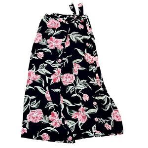 Tropical Floral Maxi Skirt Women's Medium Faux Wrap Navy Blue Pink Luau Japna